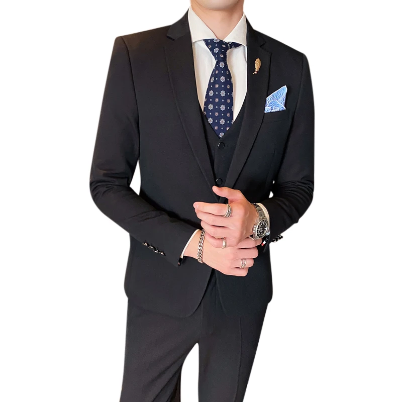 Костюм облегающий мужской из 3 предметов, однотонный однобортный Блейзер, жилет, брюки, на одной пуговице, для деловых встреч и выпускного вечера