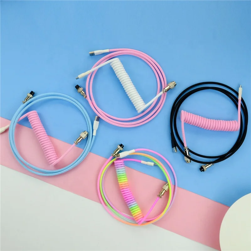 Custom Design 3M Coiled Aviator Connector Data Cable Type C USB Keyboard  For Mechanical Keyboard Spiral Paracord with Sleeve