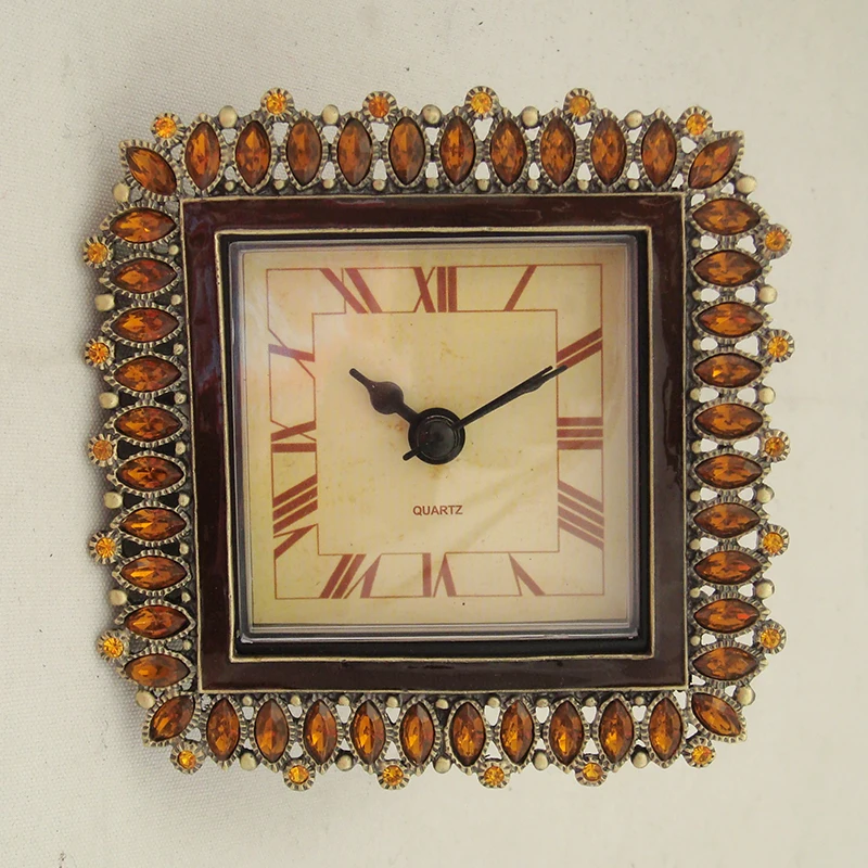 Square Silver White Bejeweled Metal Zinc Alloy Framed Desk Quartz Clock