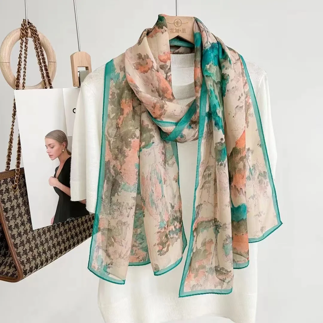 Factory gambiered Guangdong gauze machine rolled 55*175cm fashionable100% silk Printed Design Silk Scarf Gift