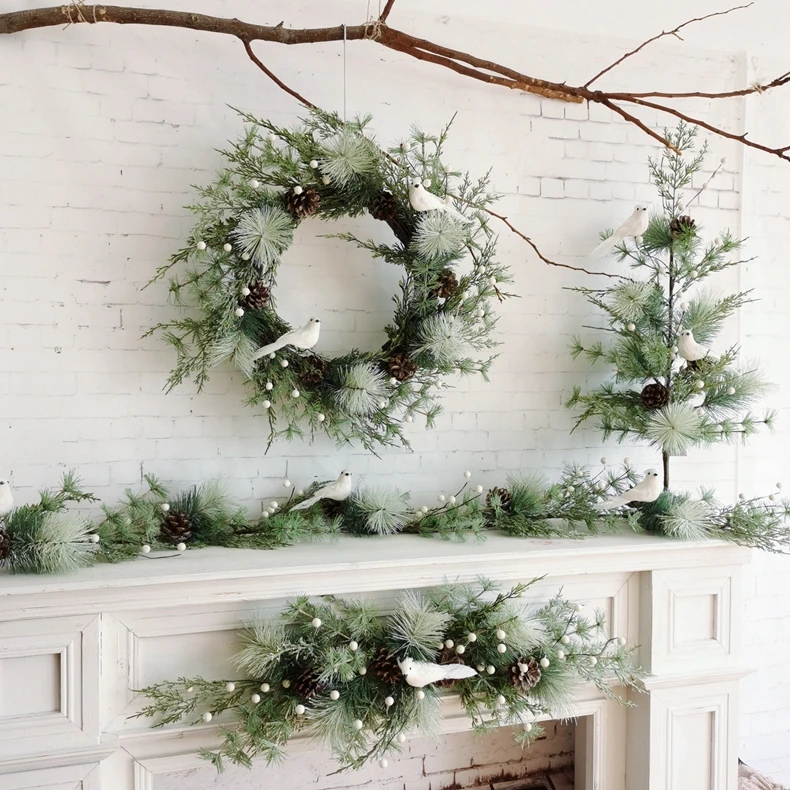 Artificial glitter green pine cone metal ring flower wreath circle with white bird Christmas decorative wreath