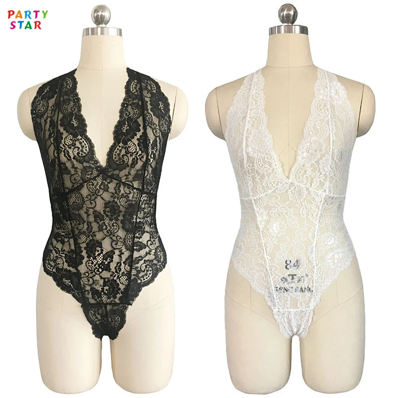 Hot Sell Black White Lace Three-point One Piece Tie Halter Neck Sexy Lingerie Women Jumpsuit