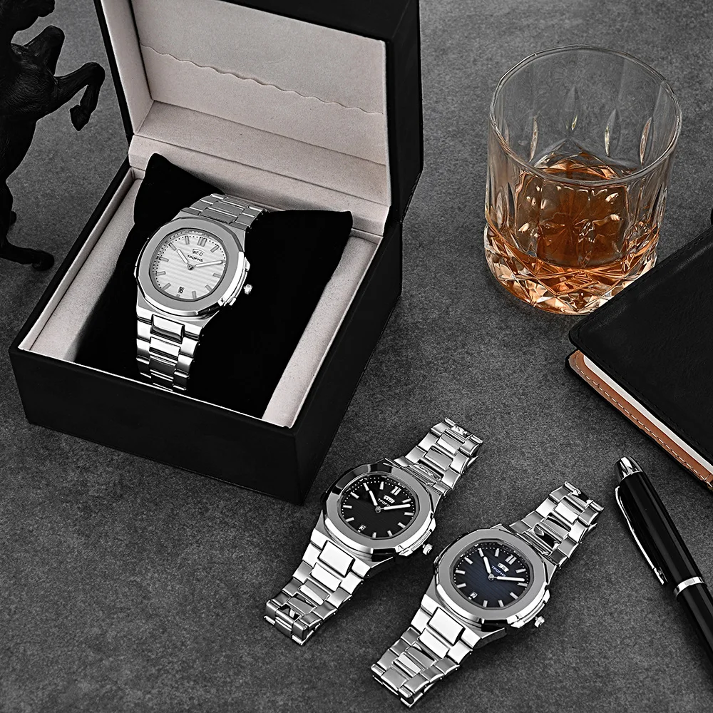 OEM Sliver high quality calendar men wristwatch stainless steel waterproof watch men