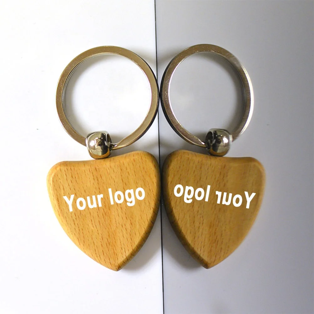 Customizable Engravable Natural Wooden Keychain PVC Plastic Wood Keyring Blank with Stainless Steel Heart Souvenir