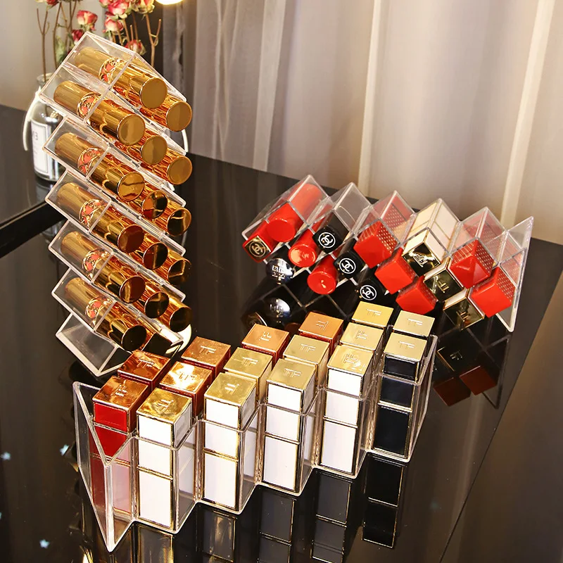 High Quality Fish Type 16 Slots 28Slots Stackable Clear Lipstick Display Stand Acrylic Lipstick Organizer Holder