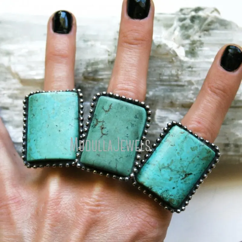 RM43132 Soldered Rings Turquoise Howlite Gemstone Rectangle Adjustable Ring Statement Witch Wicca Boho Desert Jewelry