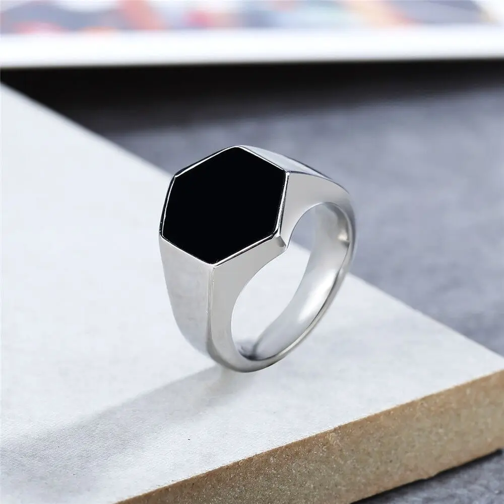 Titanium Steel Gold Silver Color Punk Men Signet Rings Waterproof Mens Finger Square Black Gem Onyx Agate Ring