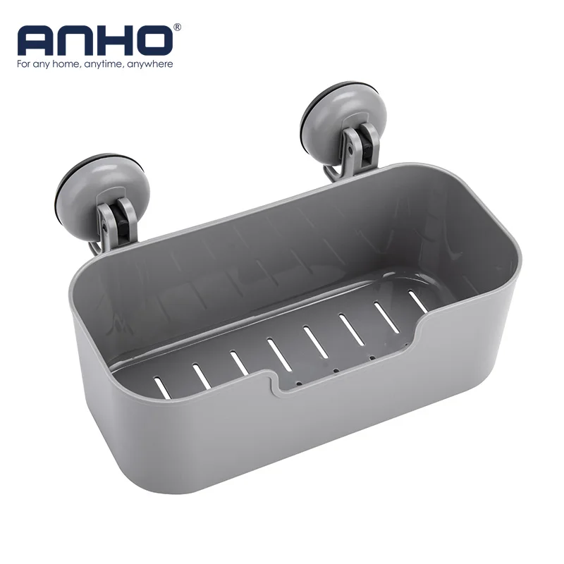 Rectangular Plastic Storage Basket With Suction Cup Wall Mounted Bathroom Wall Shelves