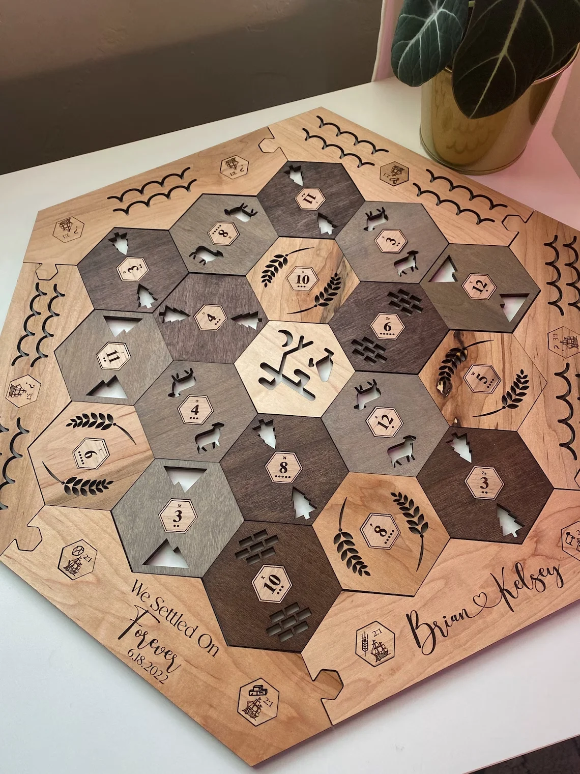 Custom Family games  wood Catan board  Board Harbor pieces Number Tokens Wooden Settler Game board for wedding /engagement gift
