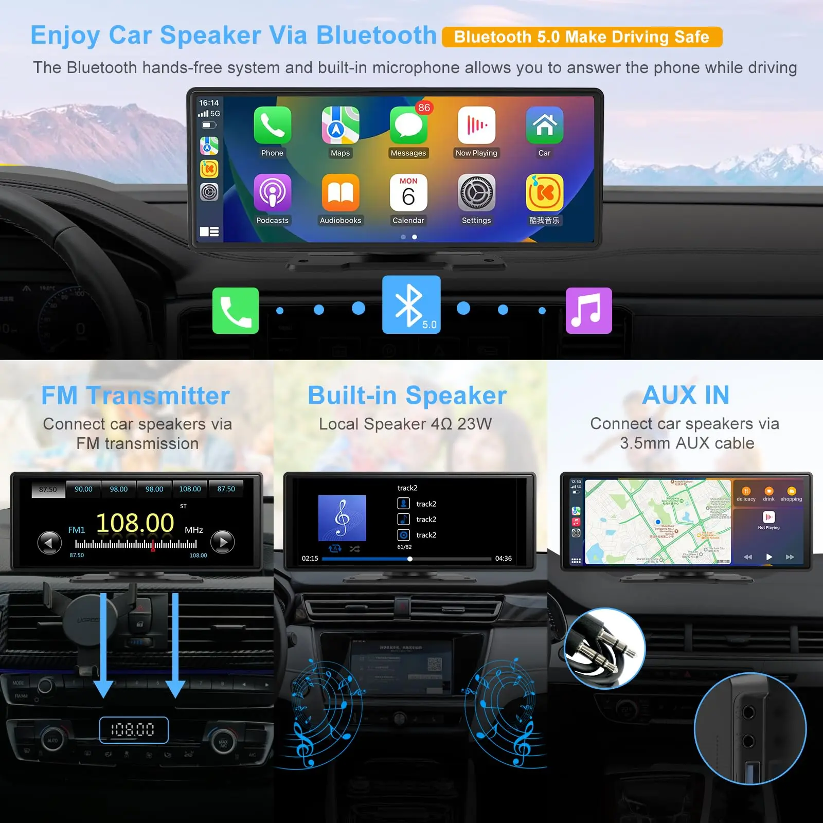 Newest Portable for Carplay Android Auto 10.26 Inch Wireless Air Play Mirror Link/TF Card/USB/AUX Stereo Car Radio
