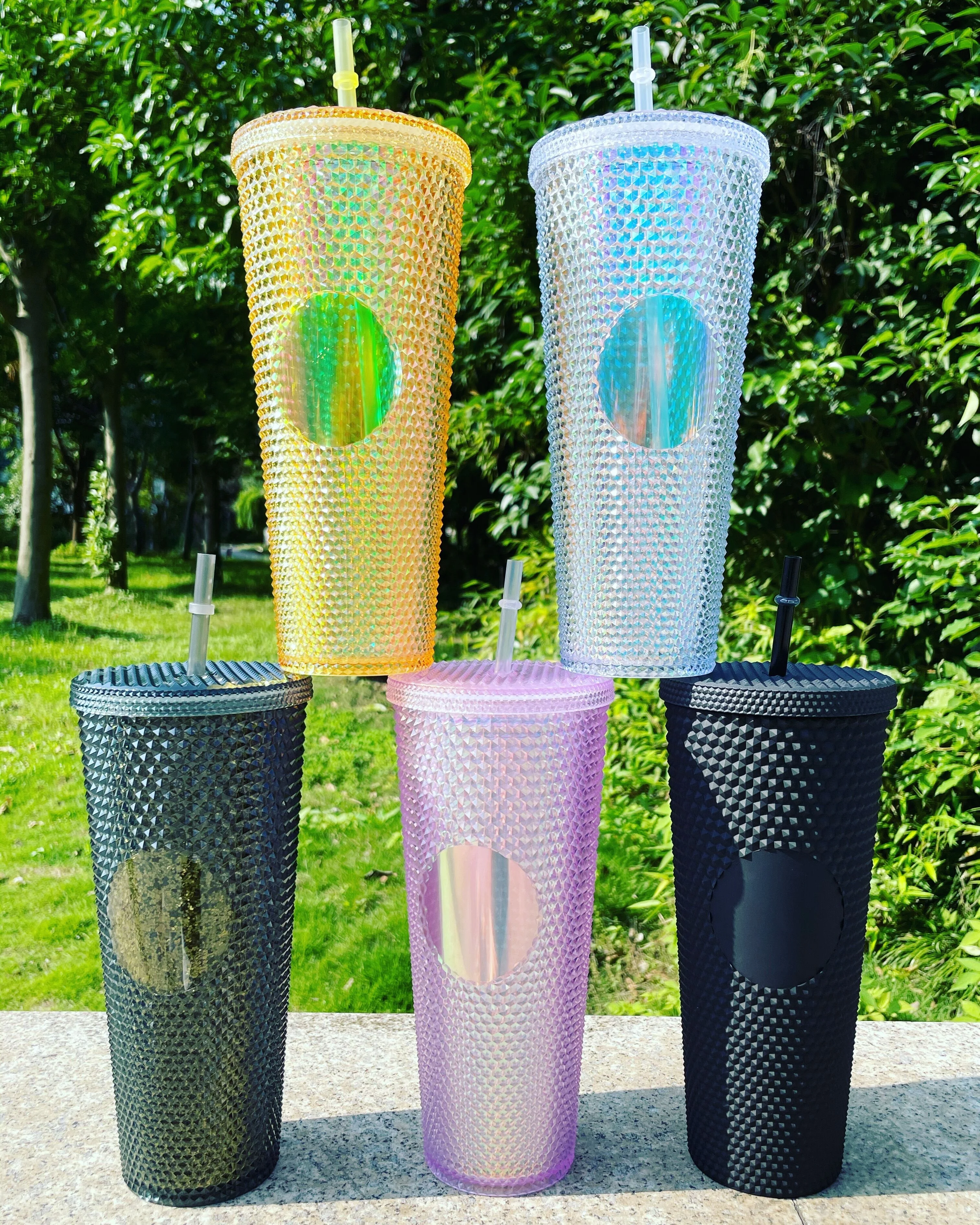 24oz color amazon hot sell durian shape diamond sparkling studded cold cups charms with straws