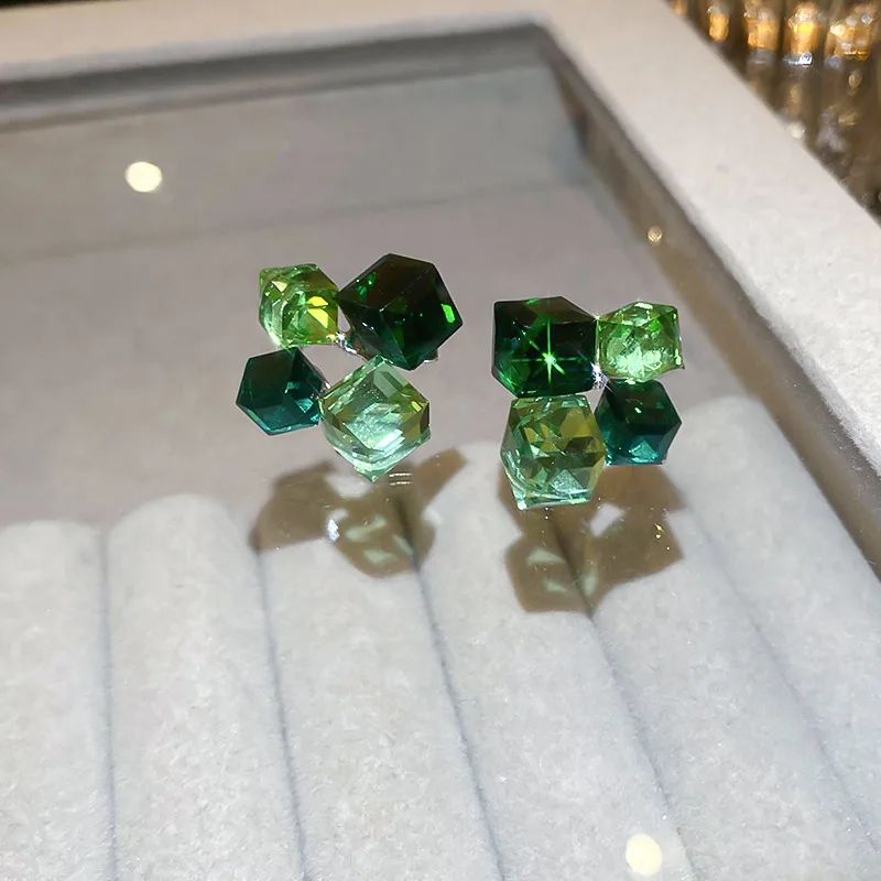 Square green crystal stitching earrings Sen high style all-in-one earrings