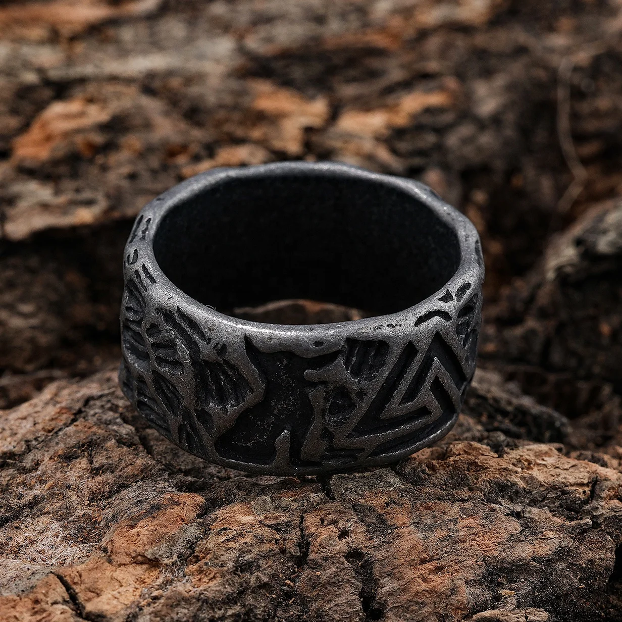 Custom Design Norse Myth Culture Viking Jewelry Stainless Steel Vintage Black Valknut Symbol Fenrir Wolf Ring for Men Women