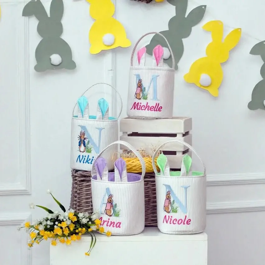 New Arrival Embroidery Easter Egg Hunt Basket Monogram Kids Easter Basket Solid Canvas Strap Easter Bunny Buckets