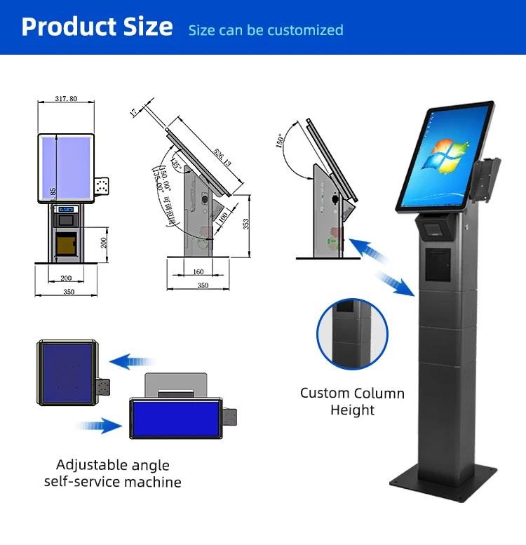 Custom led light hd display screen 21.5/23.6' colomn kiosk with scanner nfc,rfid,ID card reader order and pay kiosk