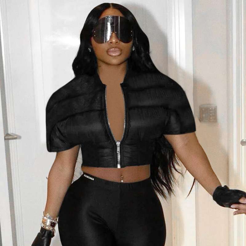 X16049C уникальная черная парка, Женская Стеганая куртка с круглым вырезом, с коротким рукавом, на молнии, зимняя верхняя одежда, уличная одежда