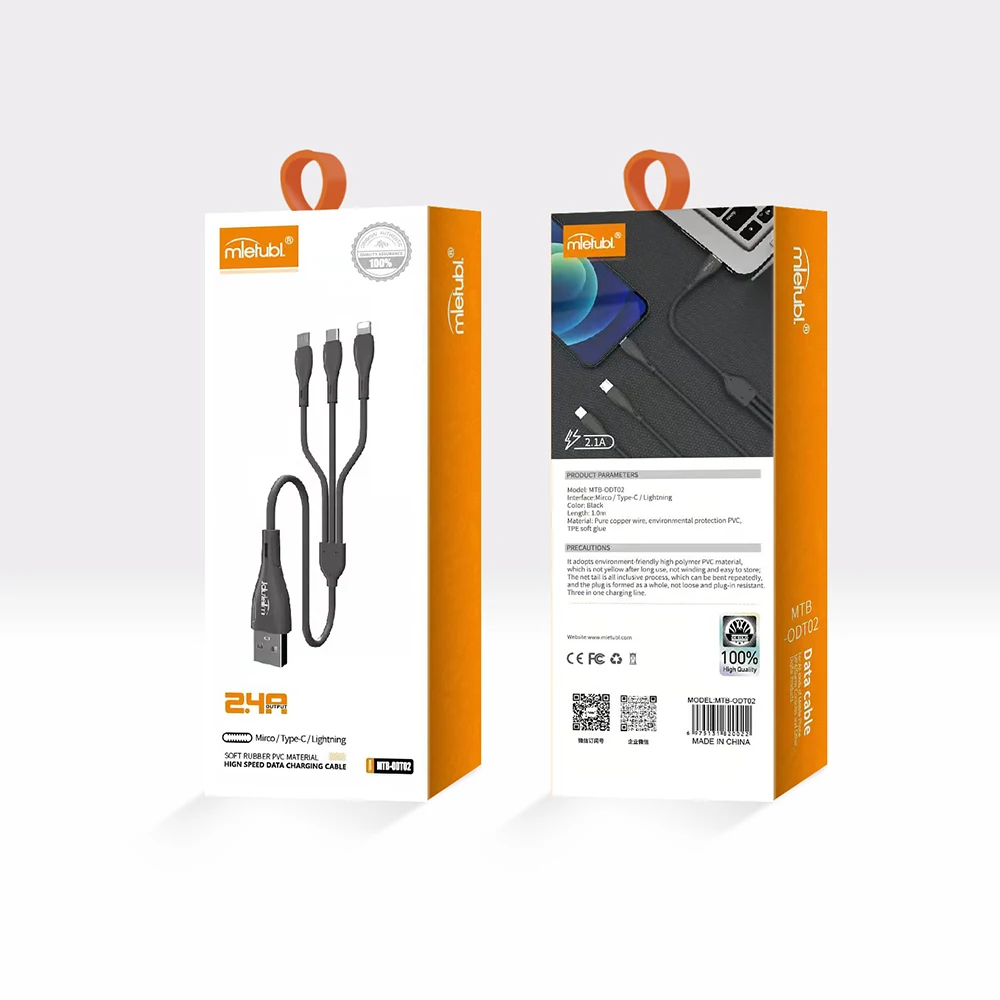 Mietubl widely comptabile universal 3 in 1 USB data cable for all smart phone 2.4A fast charging cable made by TPE and PVC MTB