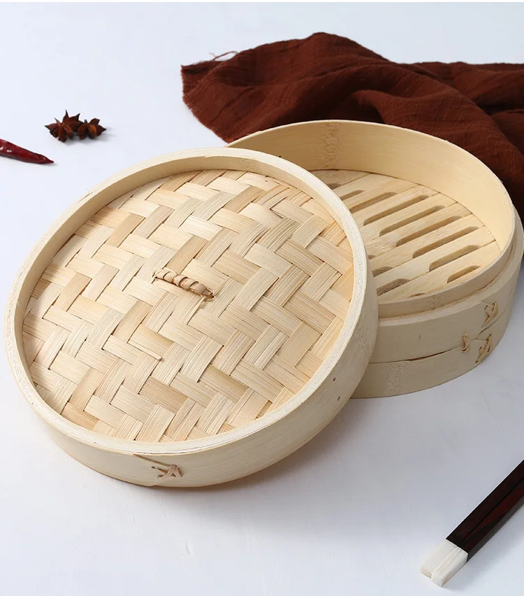 Kitchen accessories 10 inch 12 inch dumpling sticky rice food dim soup wood 2 tier mini dim sum bamboo steamer dim sum
