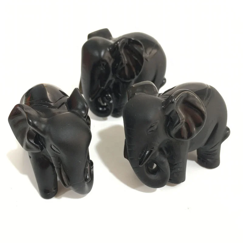 Wholesale Natural Quartz Carved Cute Animal  Elephant Statue Crystal Black Obsidian Carving For Gift