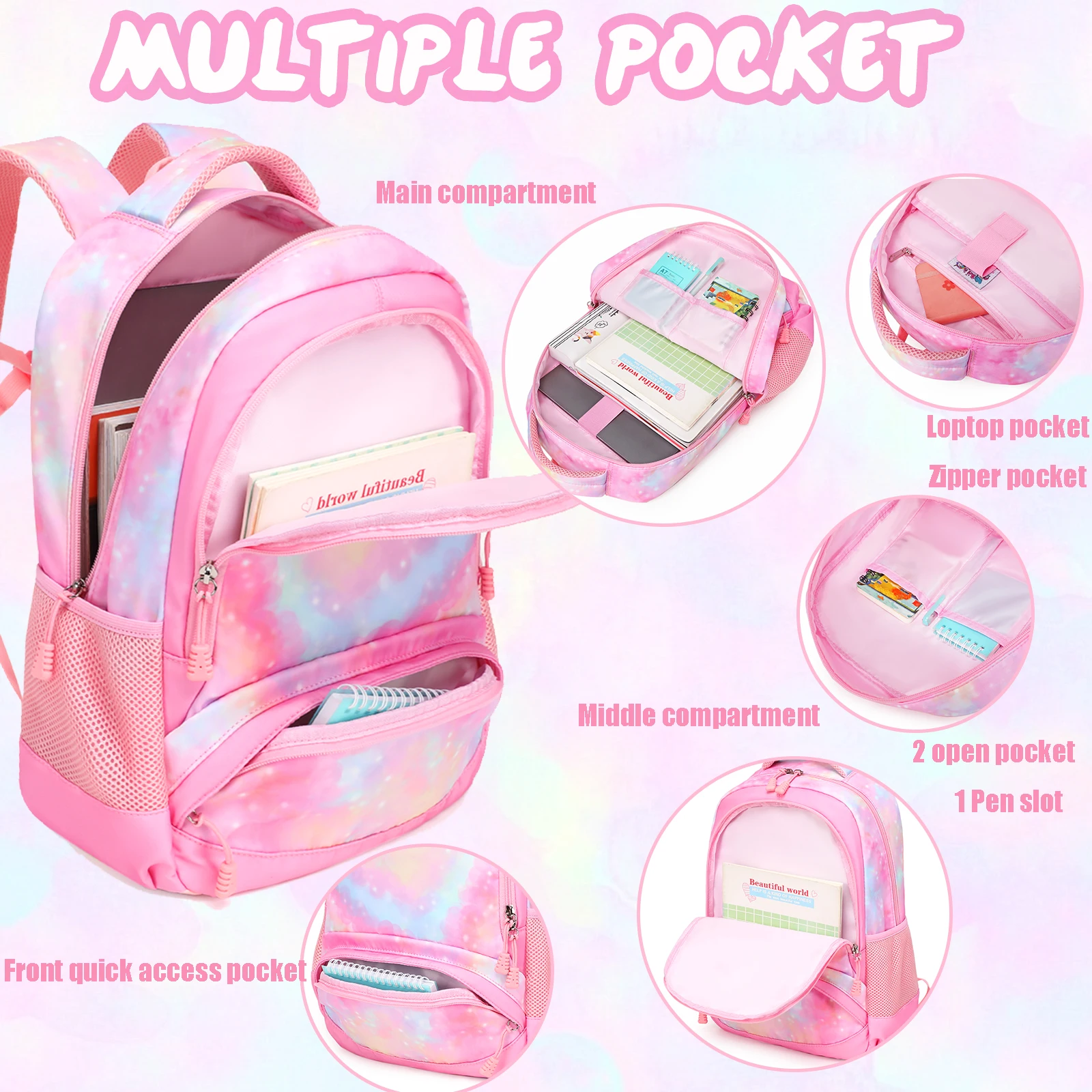 Fashion 3 In 1 Student Backpack Set Pink Purple Heart Pattern Waterproof School Backpack For Teenagers