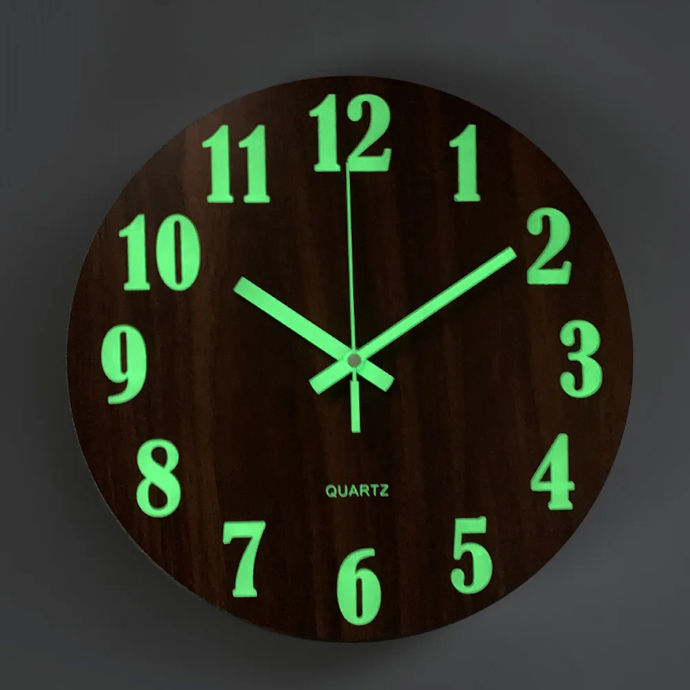 EMAF Custom DIY 12 inch fluorescence night light wall clock decorative wooden luminous wall clock silent movement wall clock