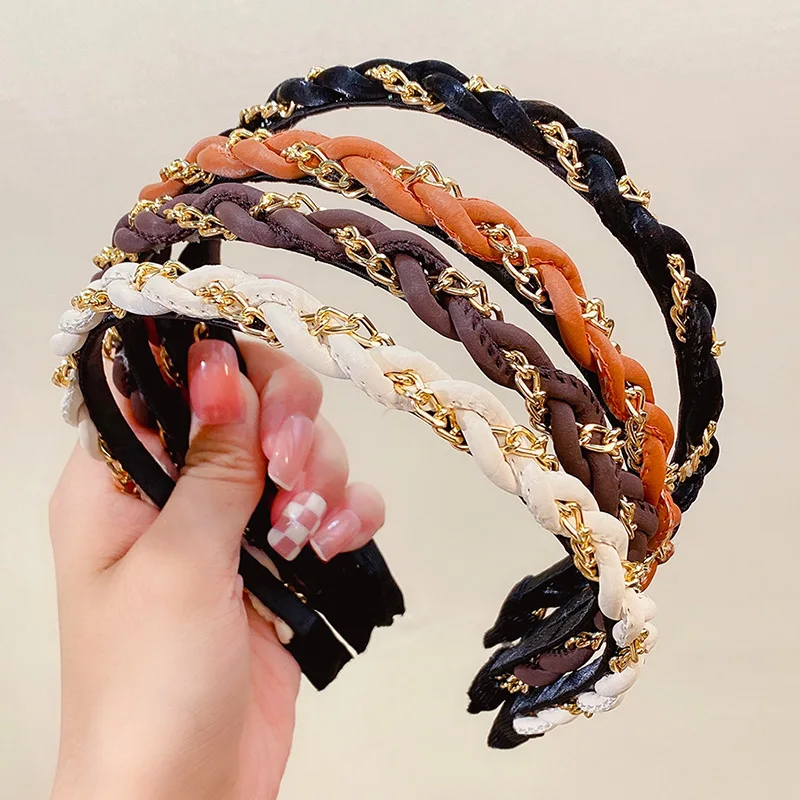 Korean the leather chain girl simple go out pressure hair headband braided twist hairband hair accessories