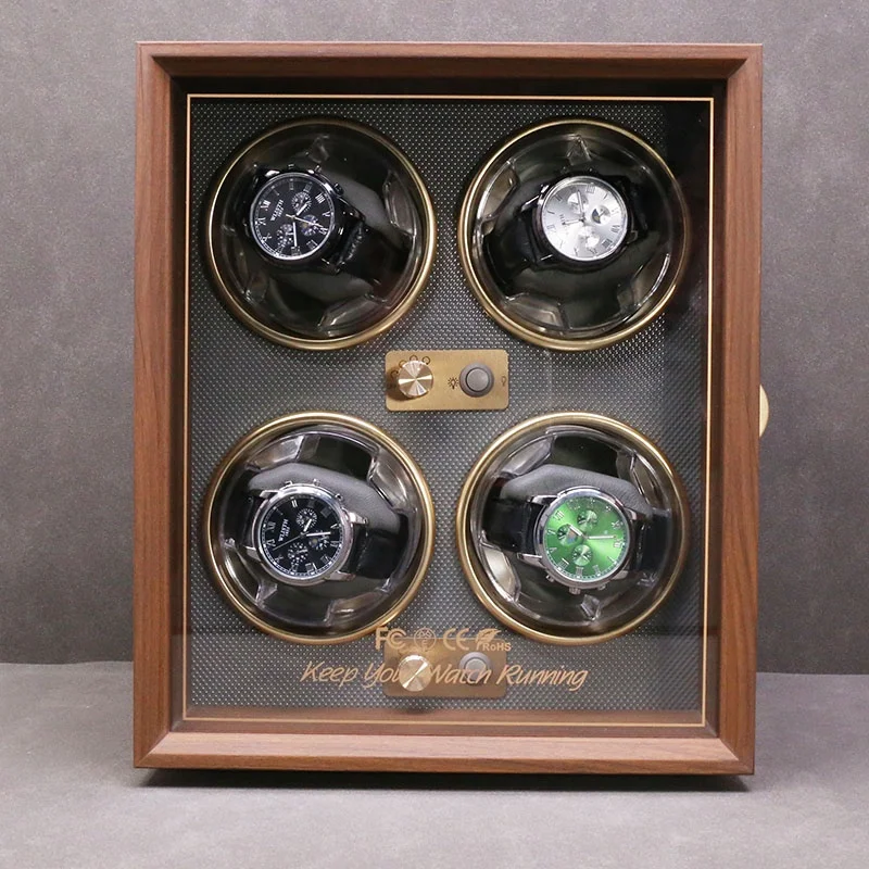 High Quality 4 Slot Automatic Walnut Grain Watch Winder Wood Paper Storage Blue Light Control Made Smart Watches Packaging Case