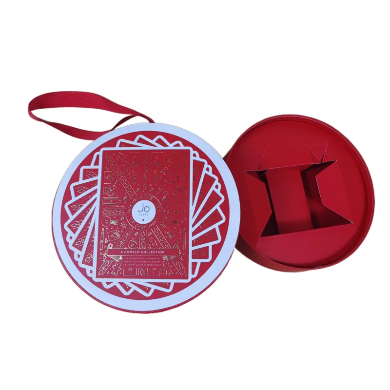 Custom red round packaging gift paper box with lid and handle or rope full color printed or hot stamping logo