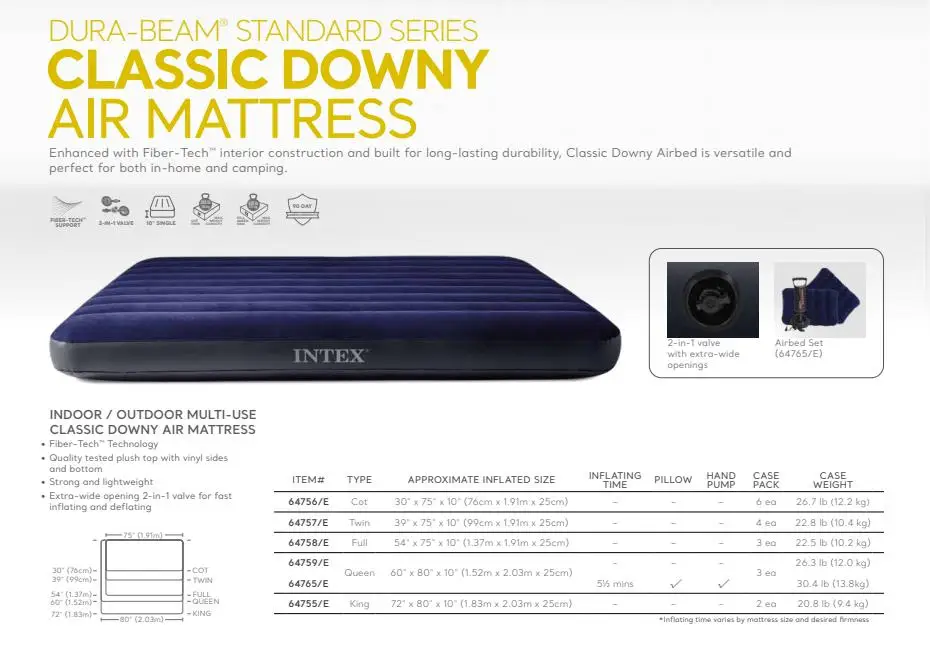 INTEX 64759 Queen Size PVC Inflatable Mattress Bed for Adults Foldable Night Bed for Home Hotel Camping Trips mat