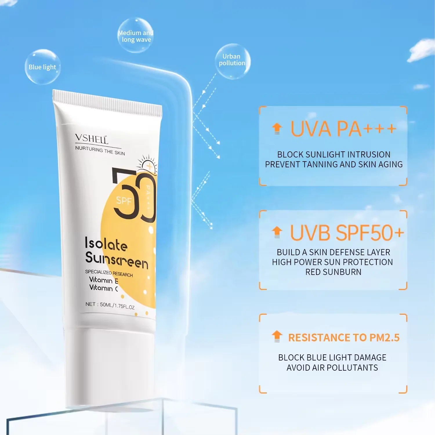 Fashion Luxury Skin Care Plastic Tube Moisturizing Spf 50 Uv Natural Plant Whitening Isolation Sunscreen Cream