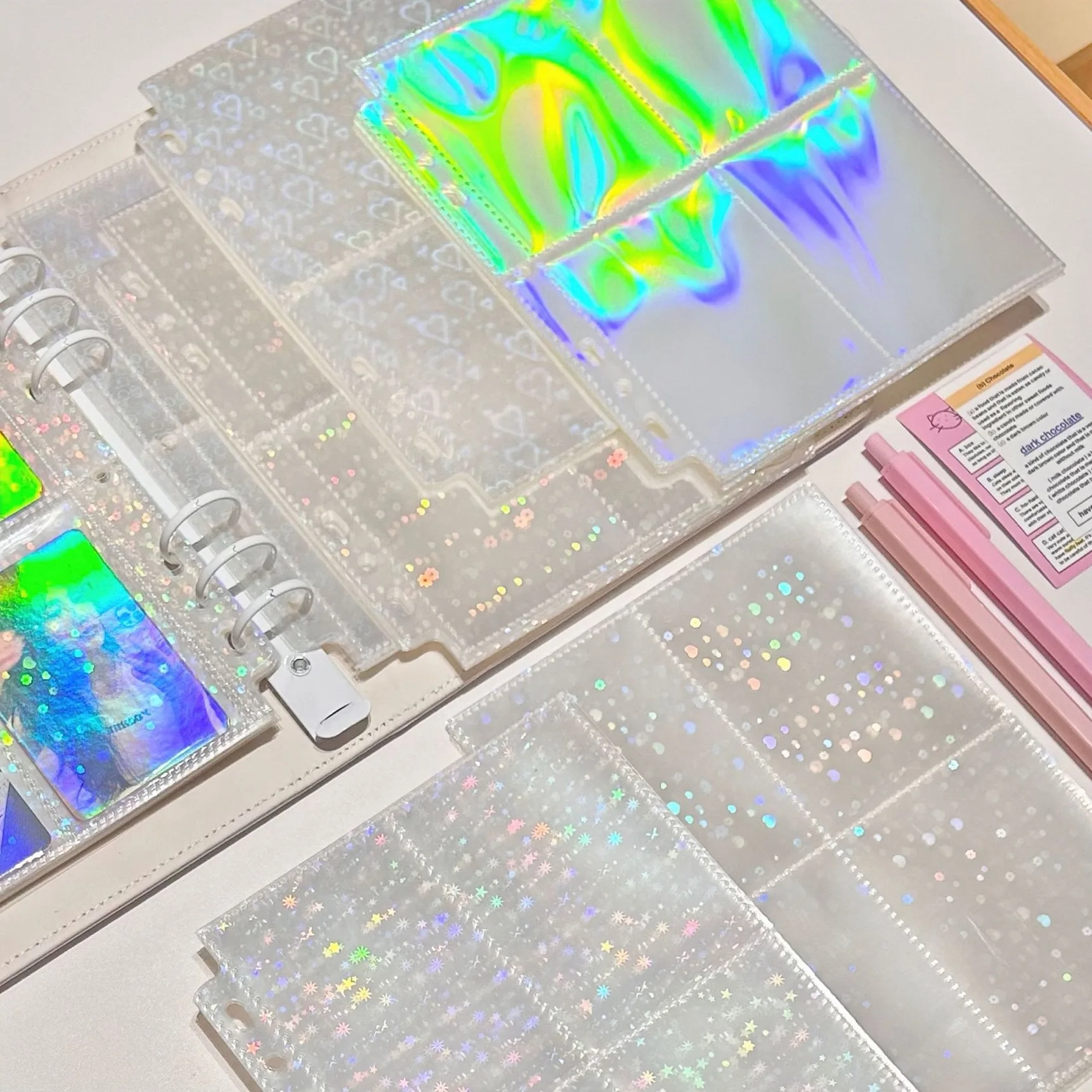 A5 Binder 4 Pockets10pcs Photo Card Sleeves Trading Card Sleeves 7 Ring for Cards Photos