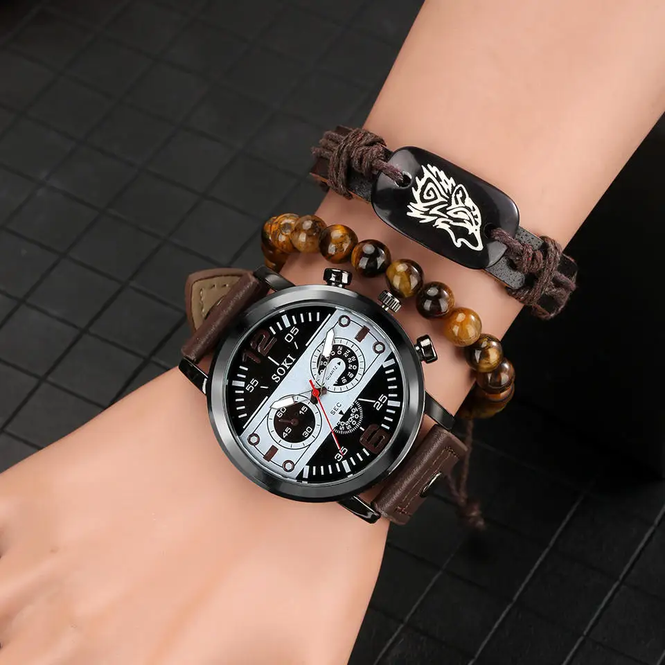 Watches set Bracelet Men watch set with box Sport men wrist Leather Strap Quartz Watch wholesale Business Wristwatch