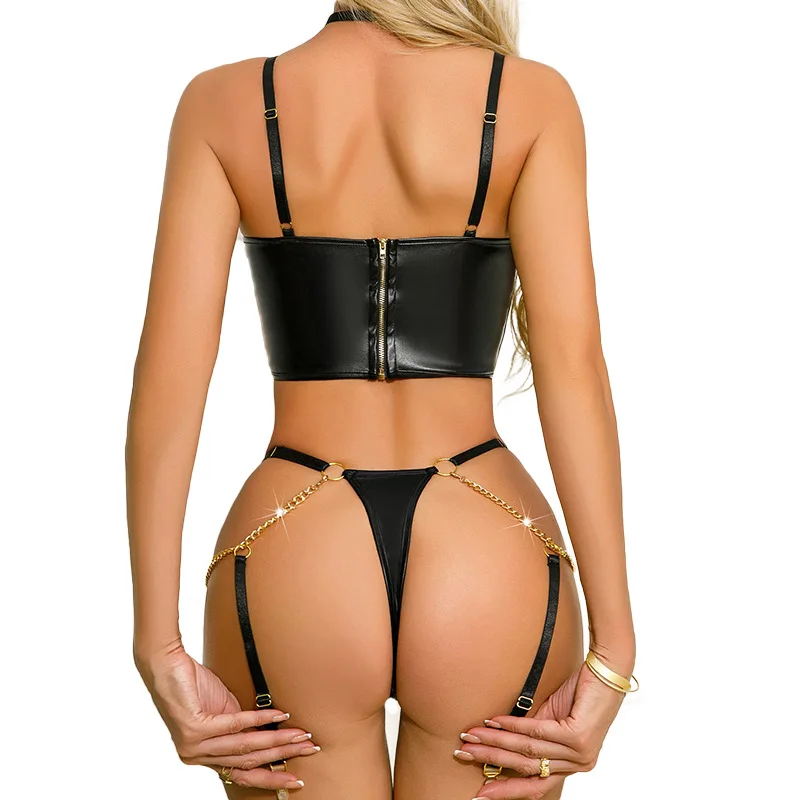 Lism Custom Euro-American Cross-Border Thin Tight Three-Piece Set Tempting Hanging Neck Sexy Leather Metal Chain Underwear Set