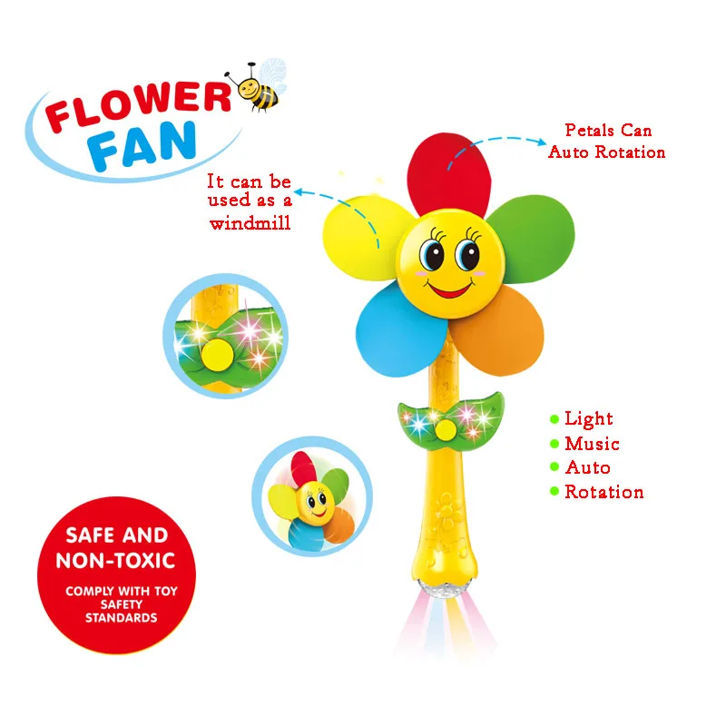 
2020 hot selling auto rotation flower windmill plastic blade music and light mini fan toy for kids 