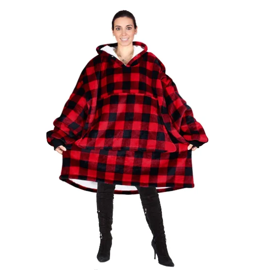 Plus size pullover Sweater Sweatshirt warm fleece plaid color checked Wearable Hoodie blanket TV Blanket with Sleeves