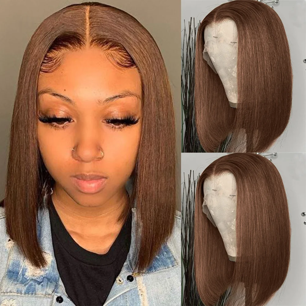 GD Lace Front #4 Color Straight Bob Human Hair Wigs,Middle Part 8-16 inch Brown Bob Wigs,Wholesale Lace Front #4 Brown Bob Wigs