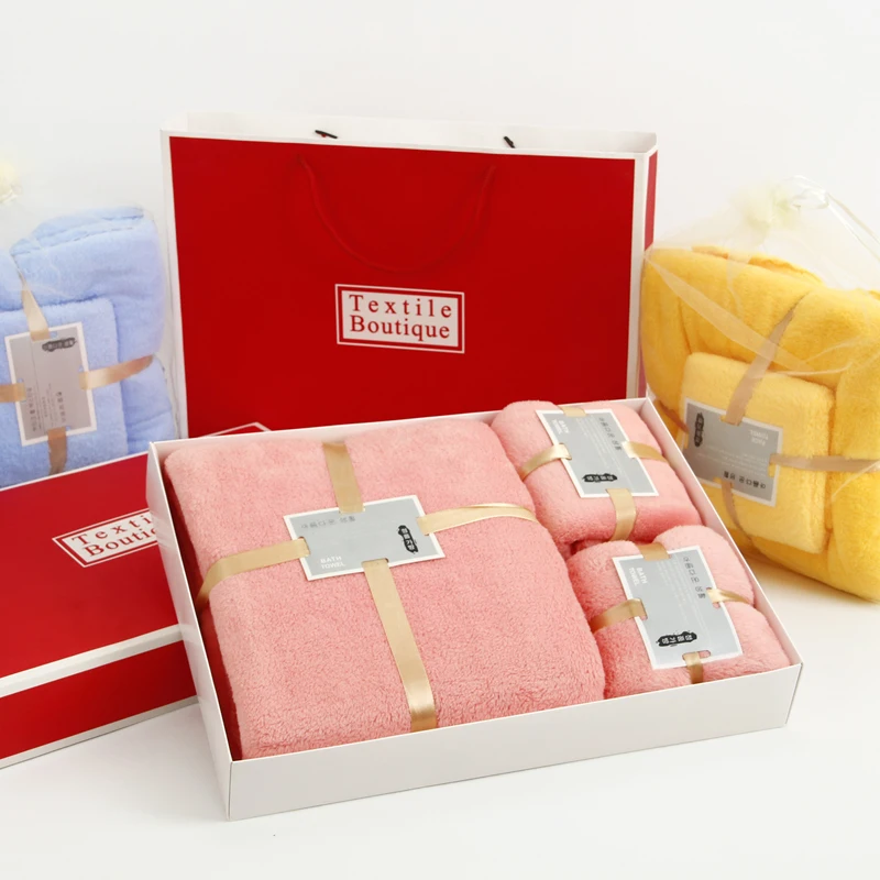 2024 Coral velvet towel bath adult gift box logo Business gift Wedding 3 piece set with hand Bath towel gift set