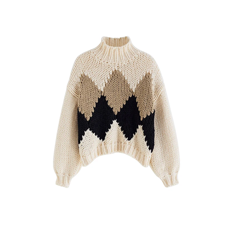 YT Loose square pattern patchwork round neck fashionable pullover for women knitted sweater