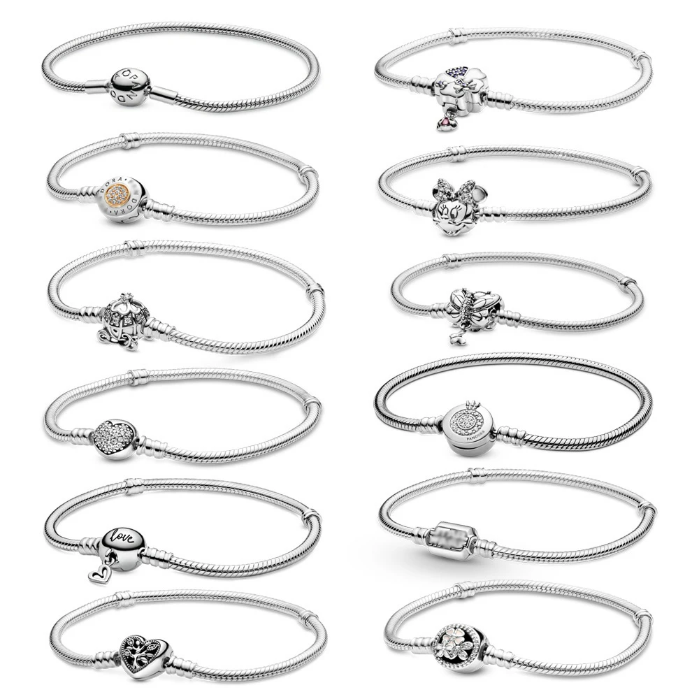 925 Sterling Silver Bracelet Moments Sparkling Mickeymouse Heart Clasp Snake Chain Bracelet for Women DIY Charms Beads pandoraer