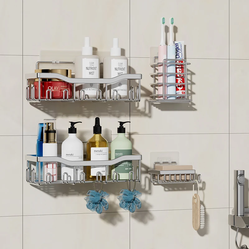 Set 6 Modern Wall Mounted Adhesive Shower Caddy Black Stainless Steel Bathroom Organizer Corner Mounted Bathroom Washroom Shower