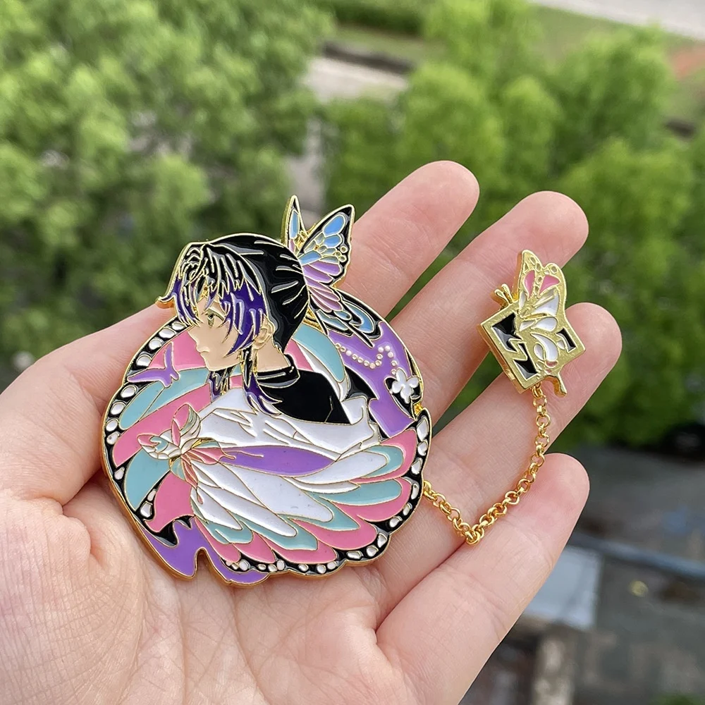 custom cute cartoon anime demon Slayer lapel pin Badges hard enamel metal gold lapel pin with chain