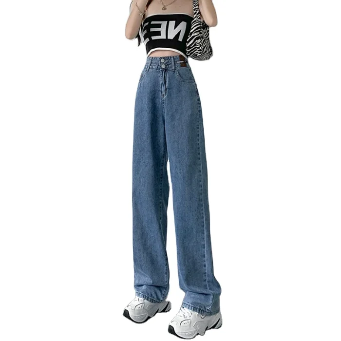 2024 летние узкие джинсы с двойной пряжкой и высокой талией женские светло-синие прямые брюки пуговицами для взрослых свободные широкие