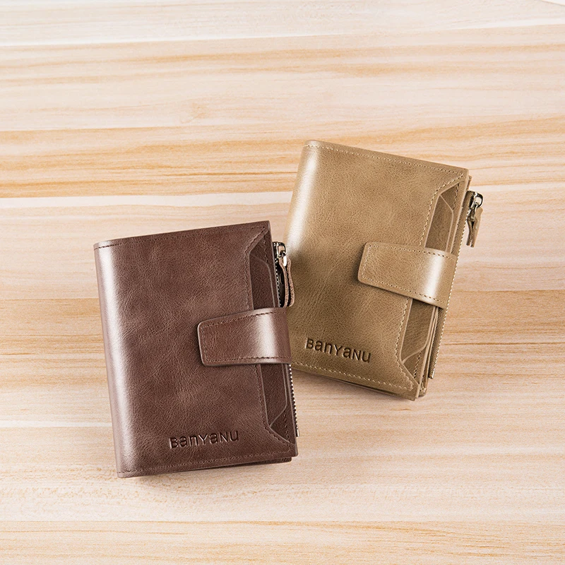 BANYANU fashion genuine leather RFID mens money clip wallet with zipper and hasp
