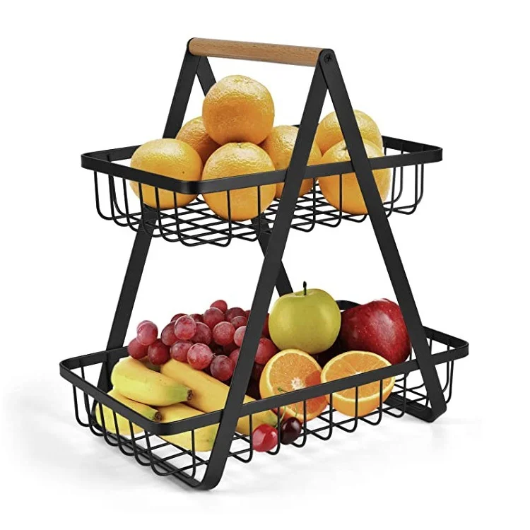Wholesale Flat Metal Iron Wire Rectangular 2 Tier Countertop Fruit And Vegetable Basket With Wood Handle