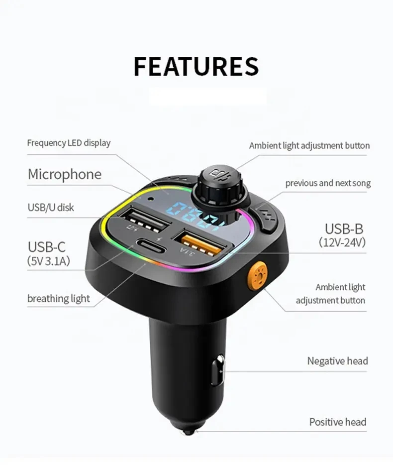 Relee New Arrivals Car charger Quick Adapter dual USB Port Type C PD Car Fast Charging Mobile Colorful Light Inverter Car DC 12V