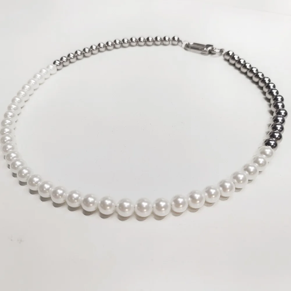 VAF Amazing!! 45/50/55CM Stainless Steel Bead And Synthetic Pearl Necklace With Stainless Steel Carabiner Clasp Ball Chain