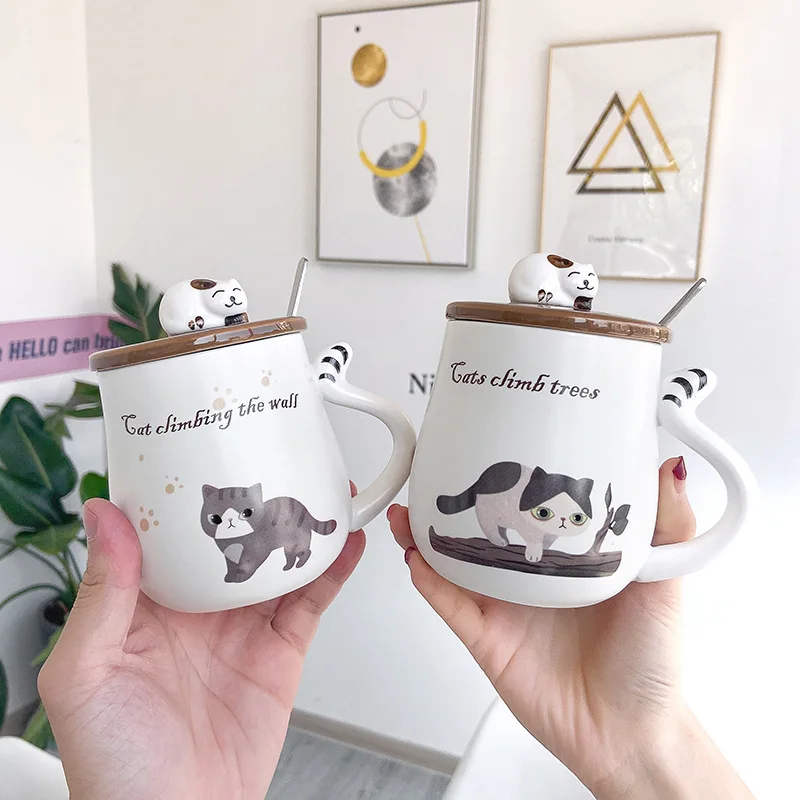 Cute Cartoon Cat Porcelain Lid Coffee Ceramic Mug
