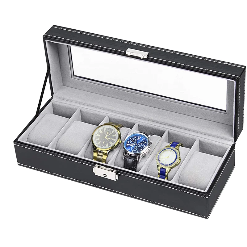 
Hot sale Fashion 6 Slot Soft Pillows watch jewelry box Storage Lockable Leather Glass Lid Watch Box Organizer 