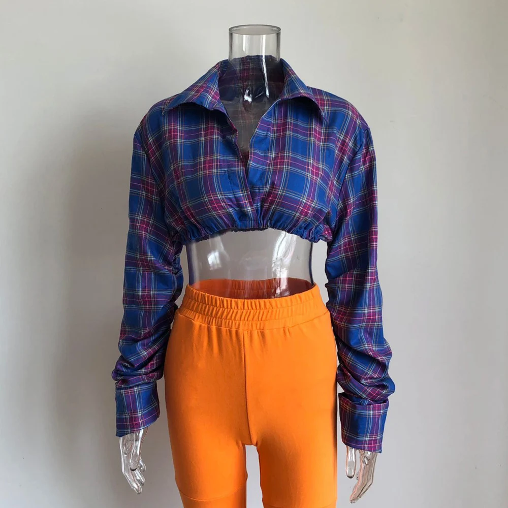 
Wholesale High Quality Plaid Lantern Long Sleeve Tops Fall Women Casual Lapel Shirt 