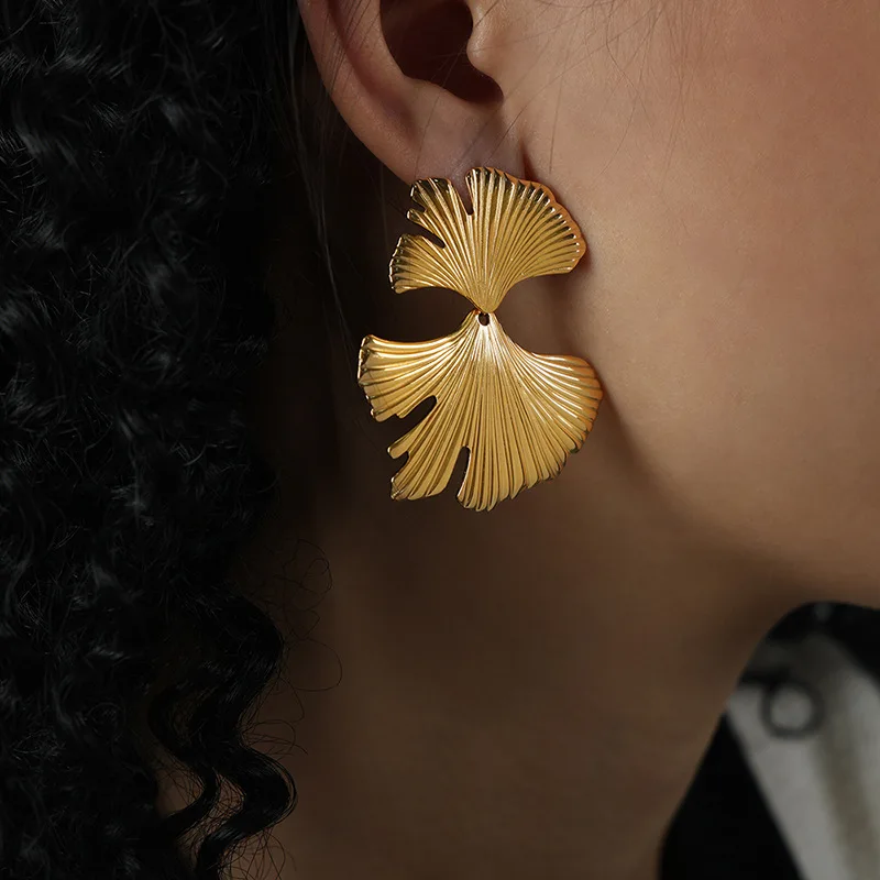 Vershal VSA-65 Stainless Steel 18K Gold Plated Ginkgo Leaf Shape Double Side Earrings Vintage Unique Design Earrings
